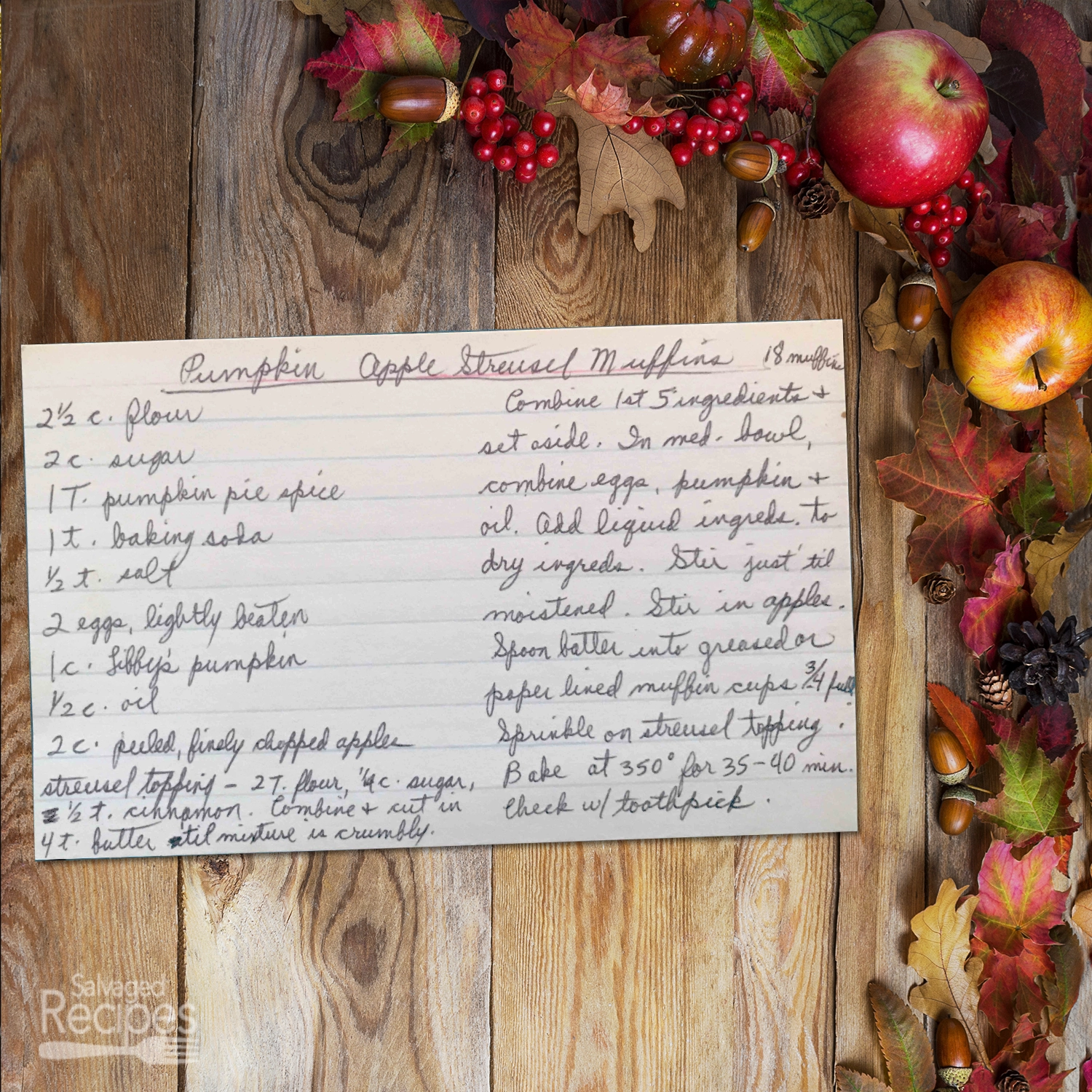 Handwritten recipe card for Pumpkin Apple Streusel Muffins
