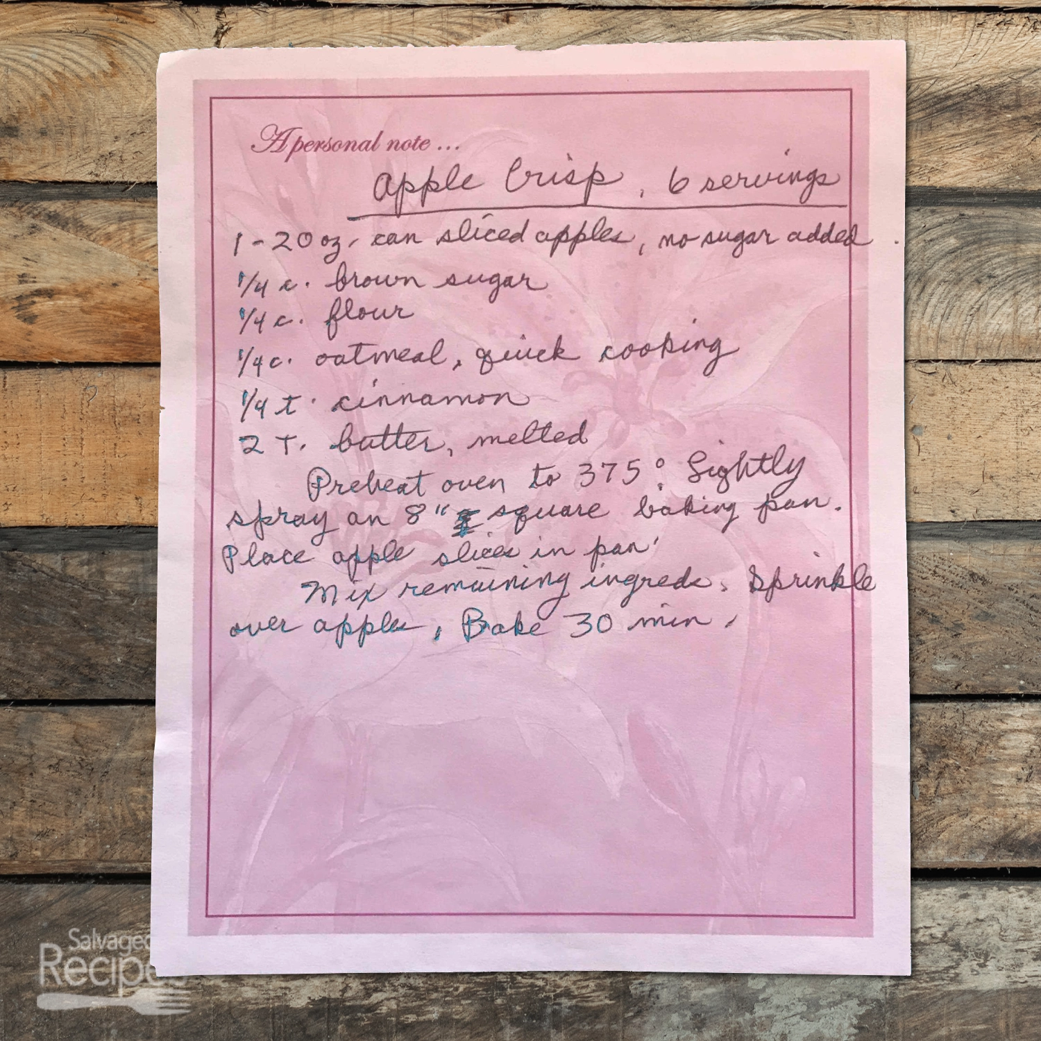 Handwritten recipe for Apple Crisp