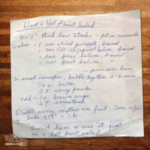 Handwritten recipe for Ham and Hot Fruit Salad