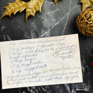 Handwritten recipe card for Mildred's Christmas Dessert