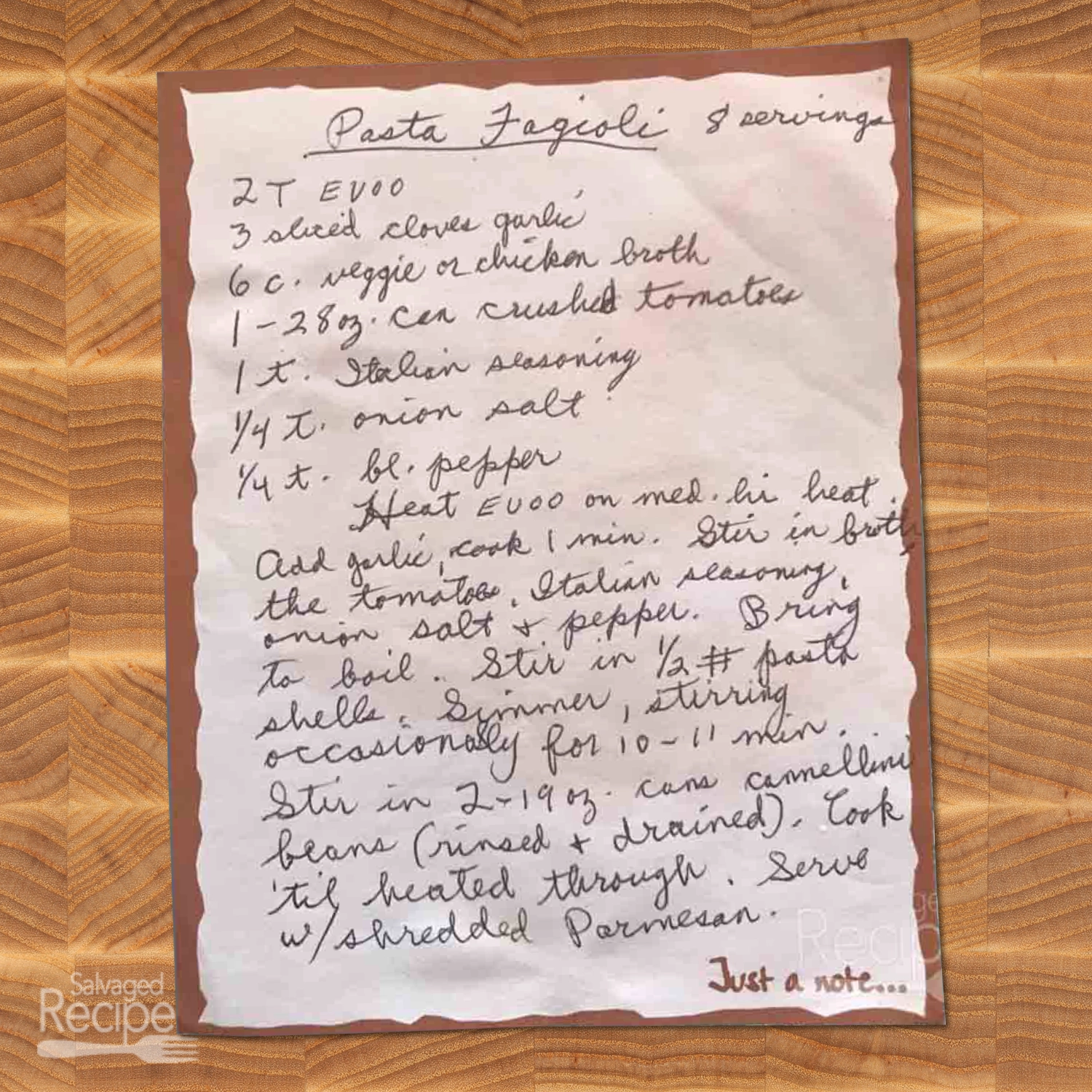 Handwritten recipe for Pasta Fagioli