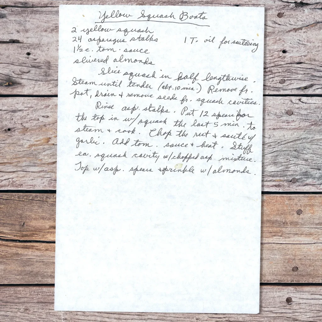 Handwritten recipe for Yellow Squash Boats