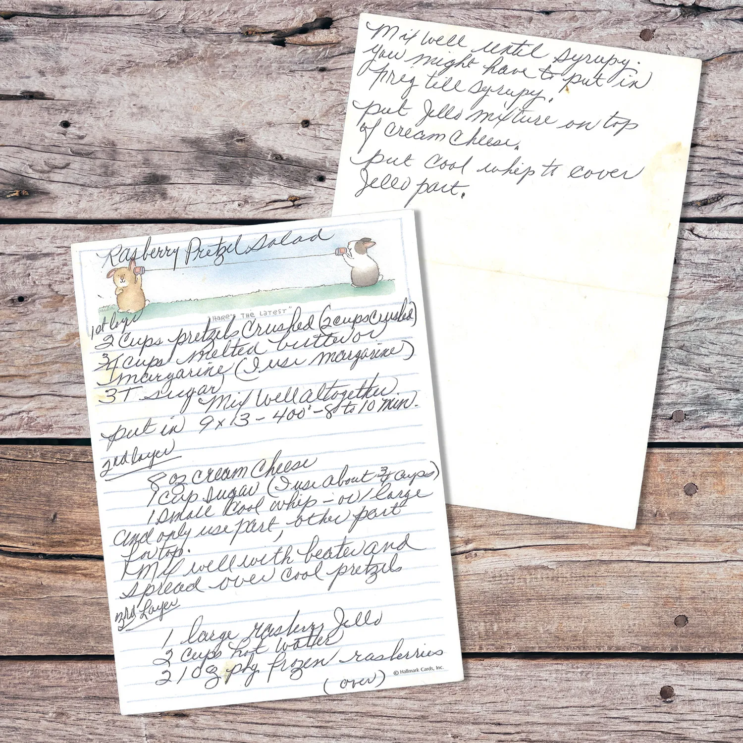 Handwritten recipe for Raspberry Pretzel Salad