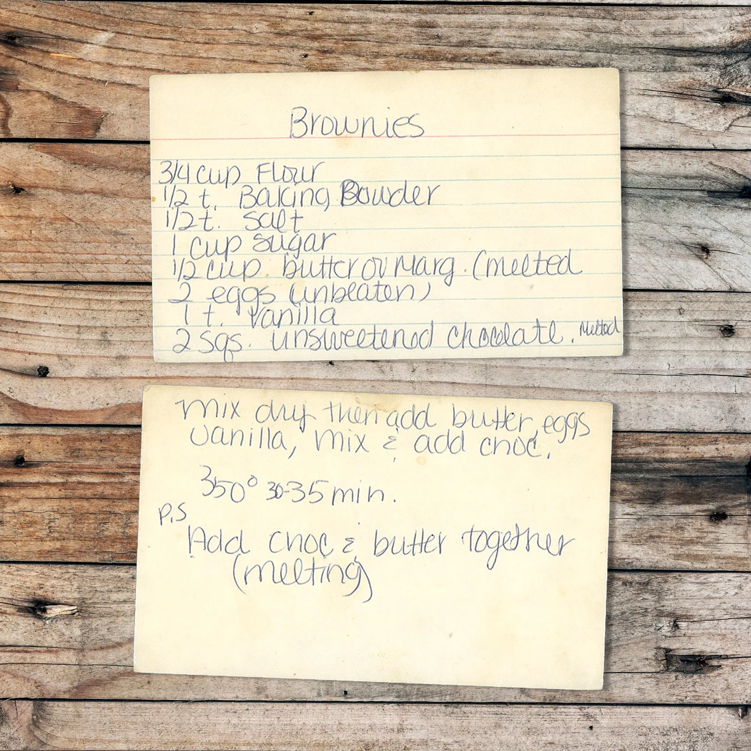 Handwritten recipe cards for Brownies