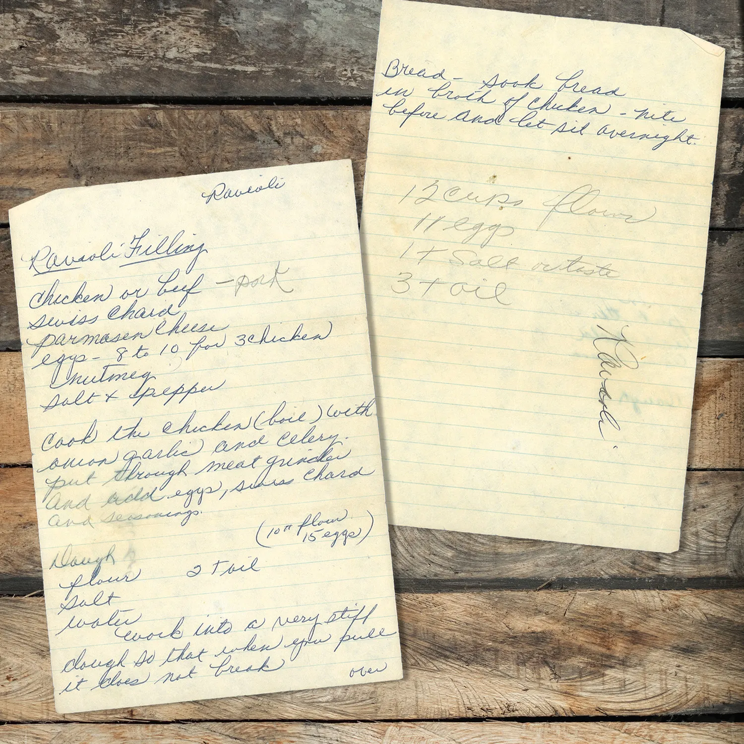 Handwritten recipe for Ravioli Filling
