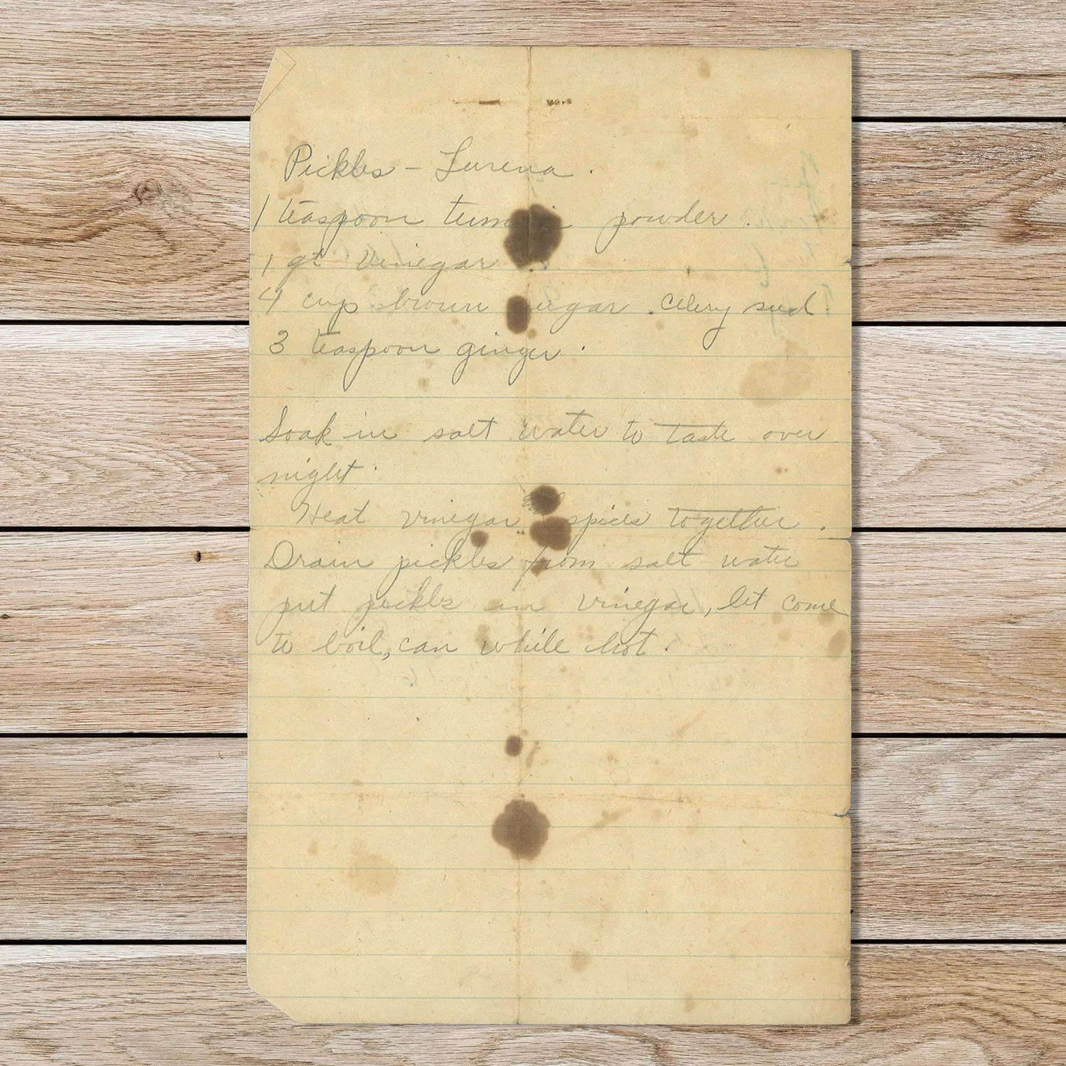 Handwritten recipe for pickles from Loreena