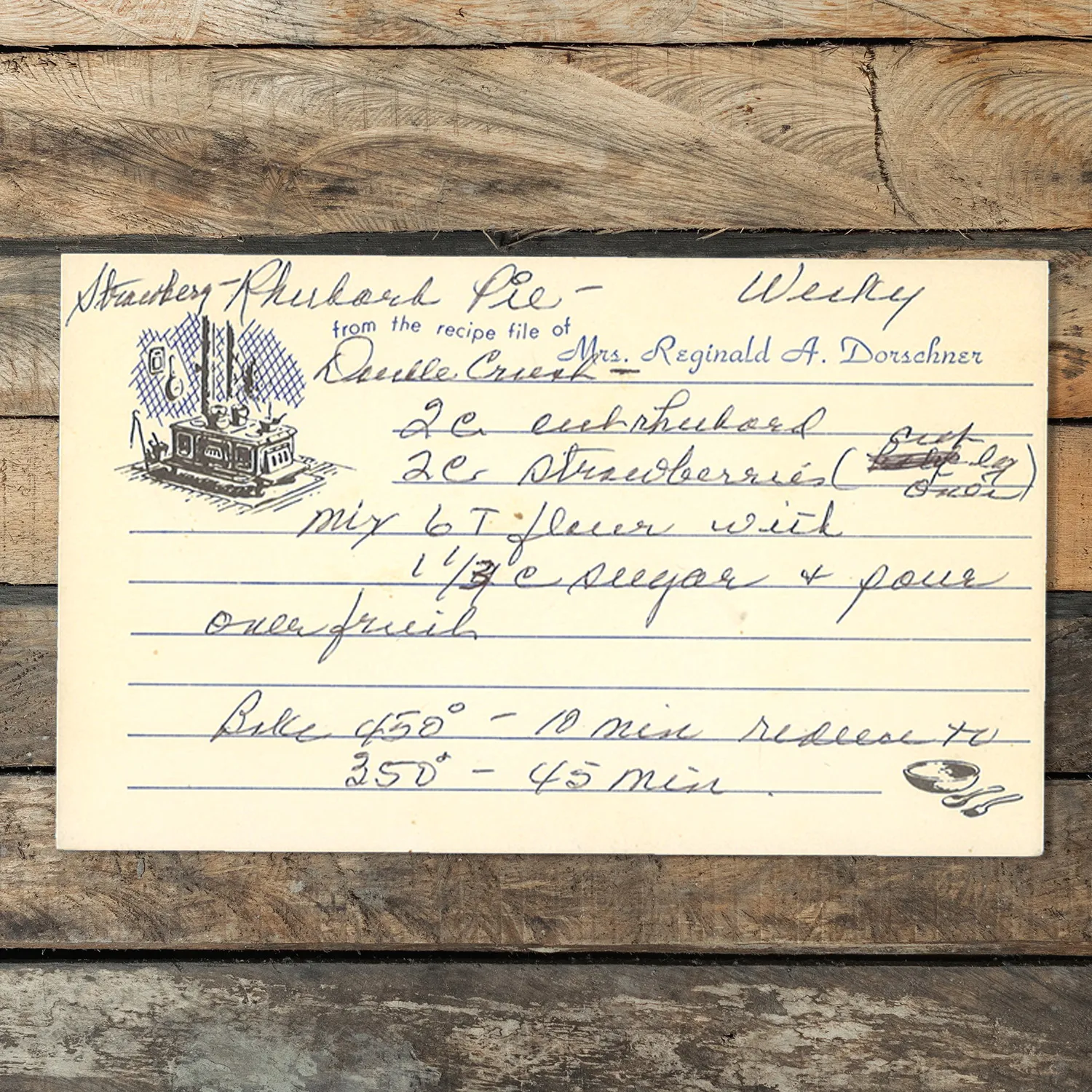Handwritten recipe card for Strawberry Rhubarb Pie