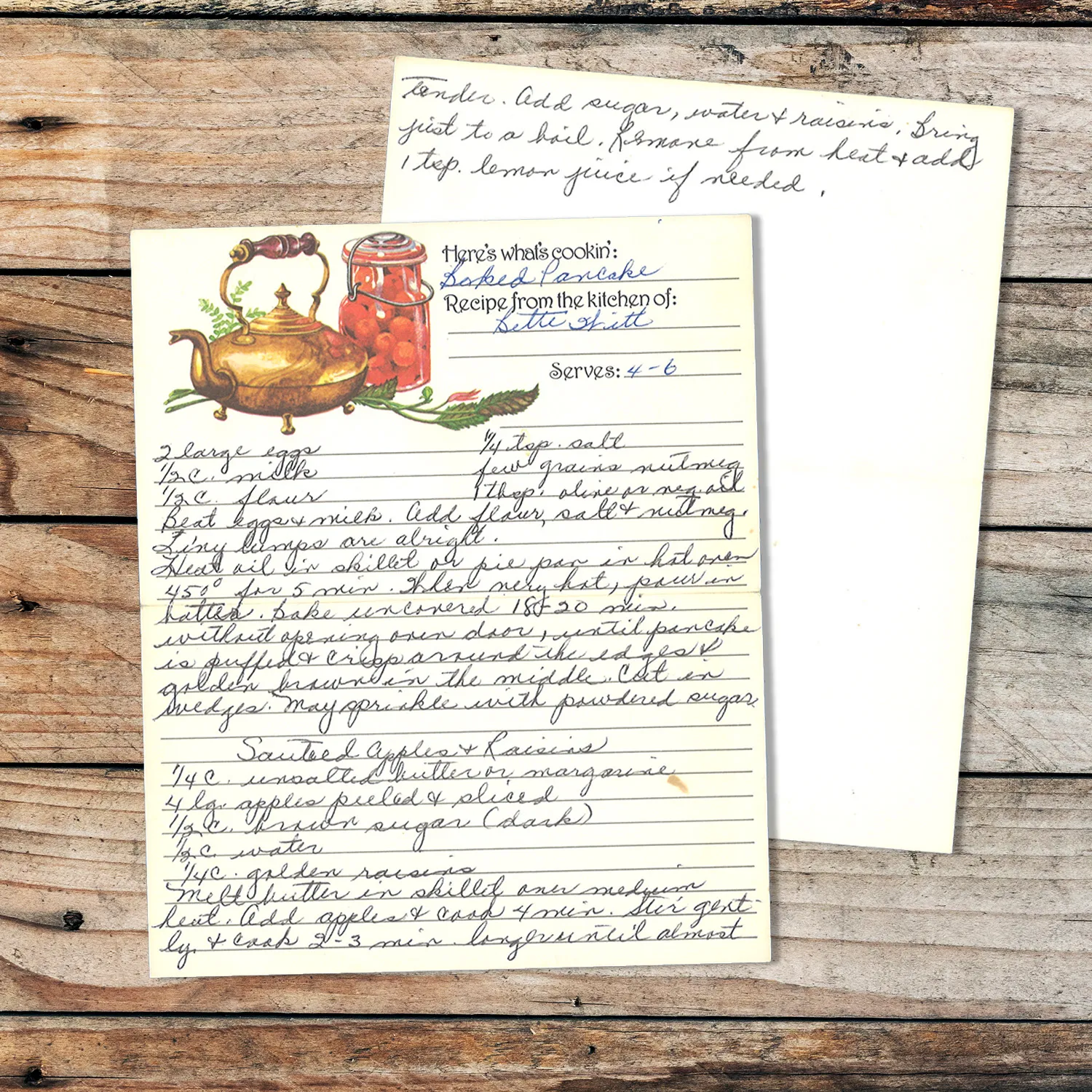 Handwritten recipe card for Baked Pancake from Bette Stitt