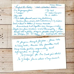 Handwritten recipe card for Perfect Pie Pastry from Maureen Adams