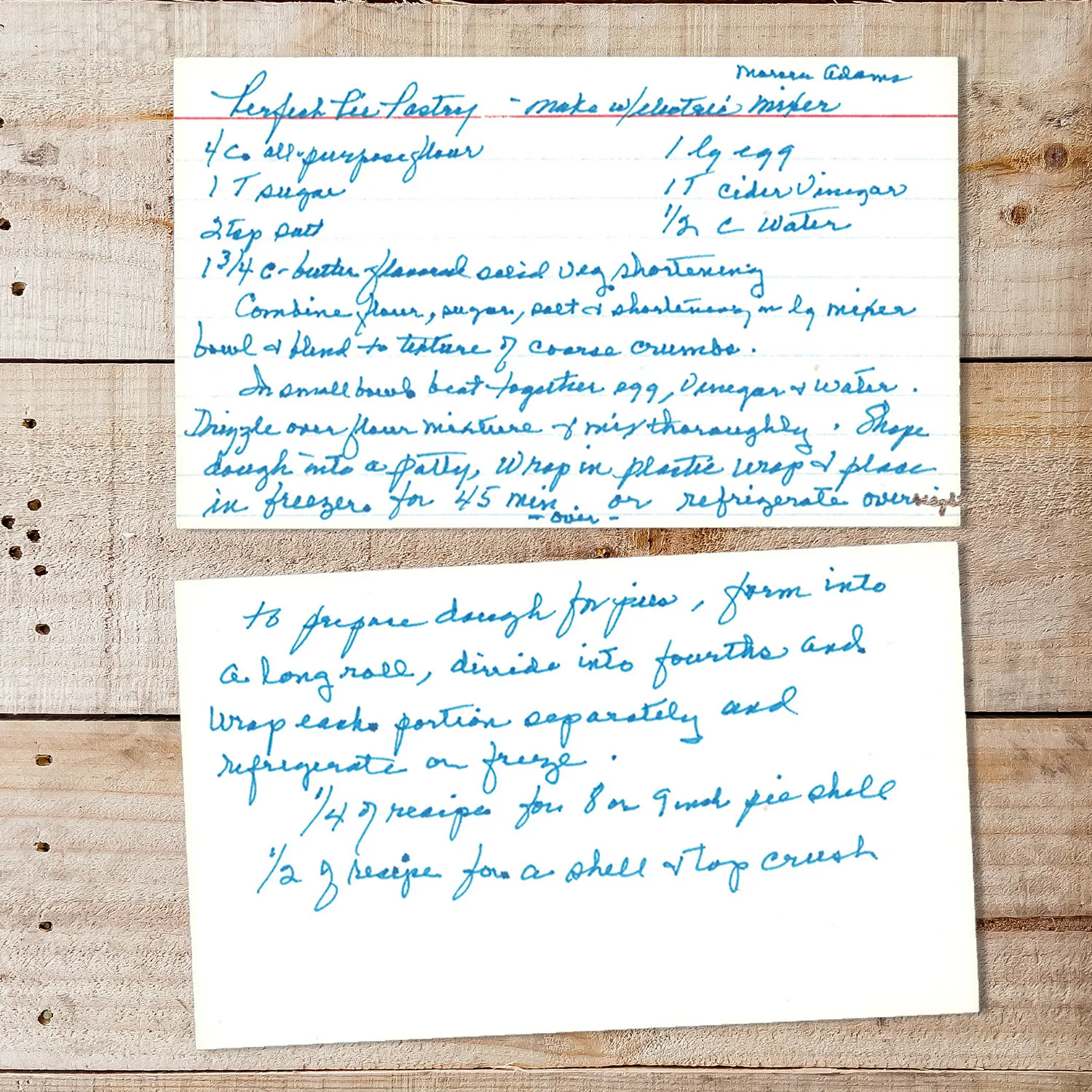 Handwritten recipe card for Perfect Pie Pastry from Maureen Adams