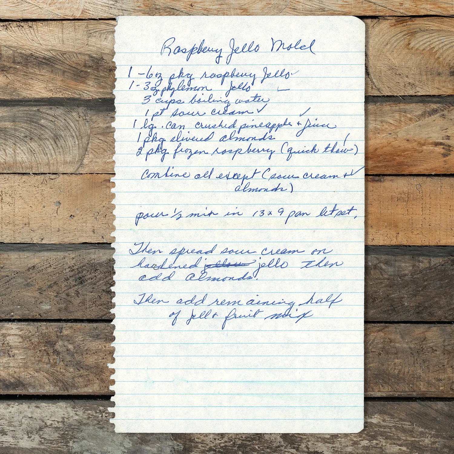 Handwritten recipe for Raspberry Jell-O Mold