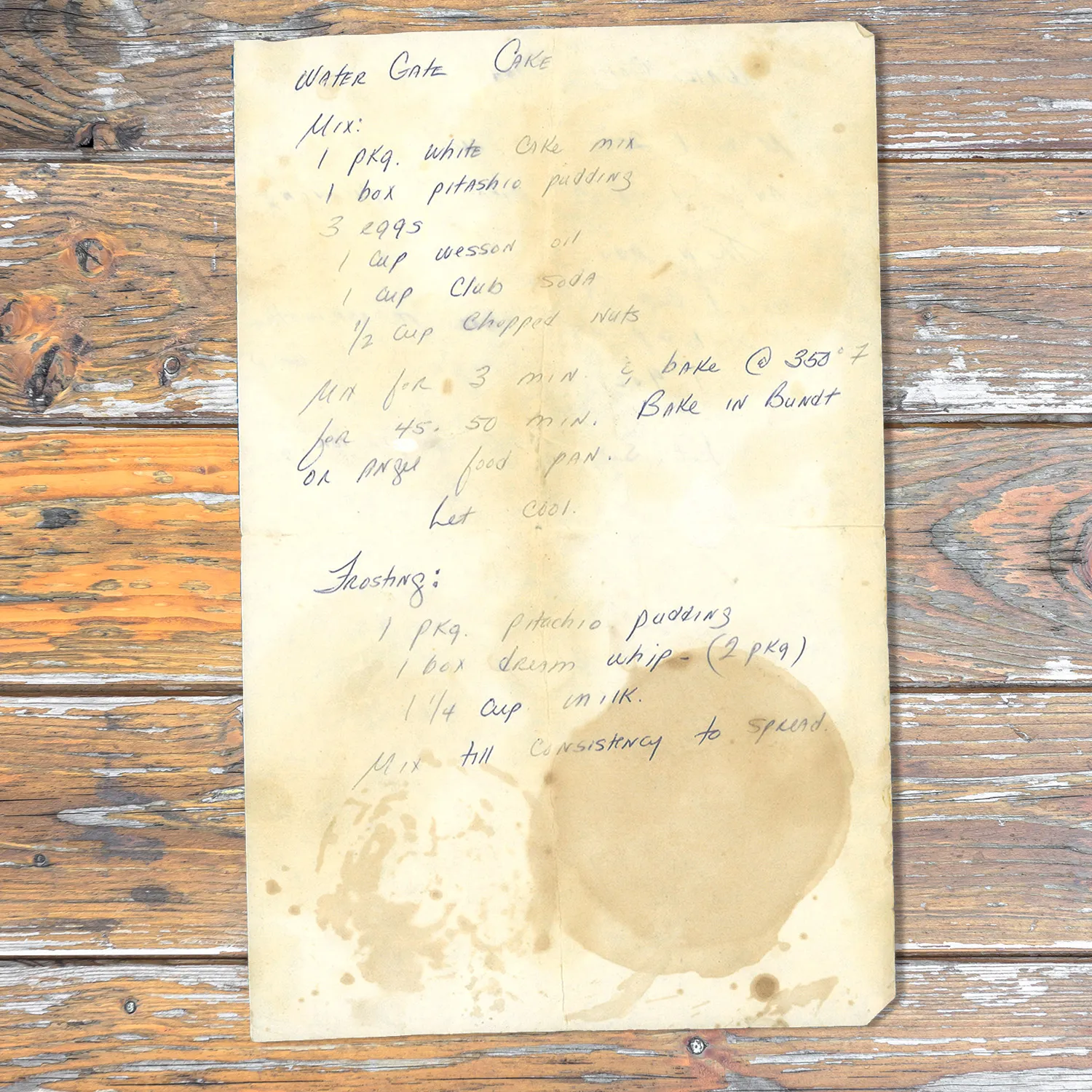 Handwritten recipe for Watergate Cake
