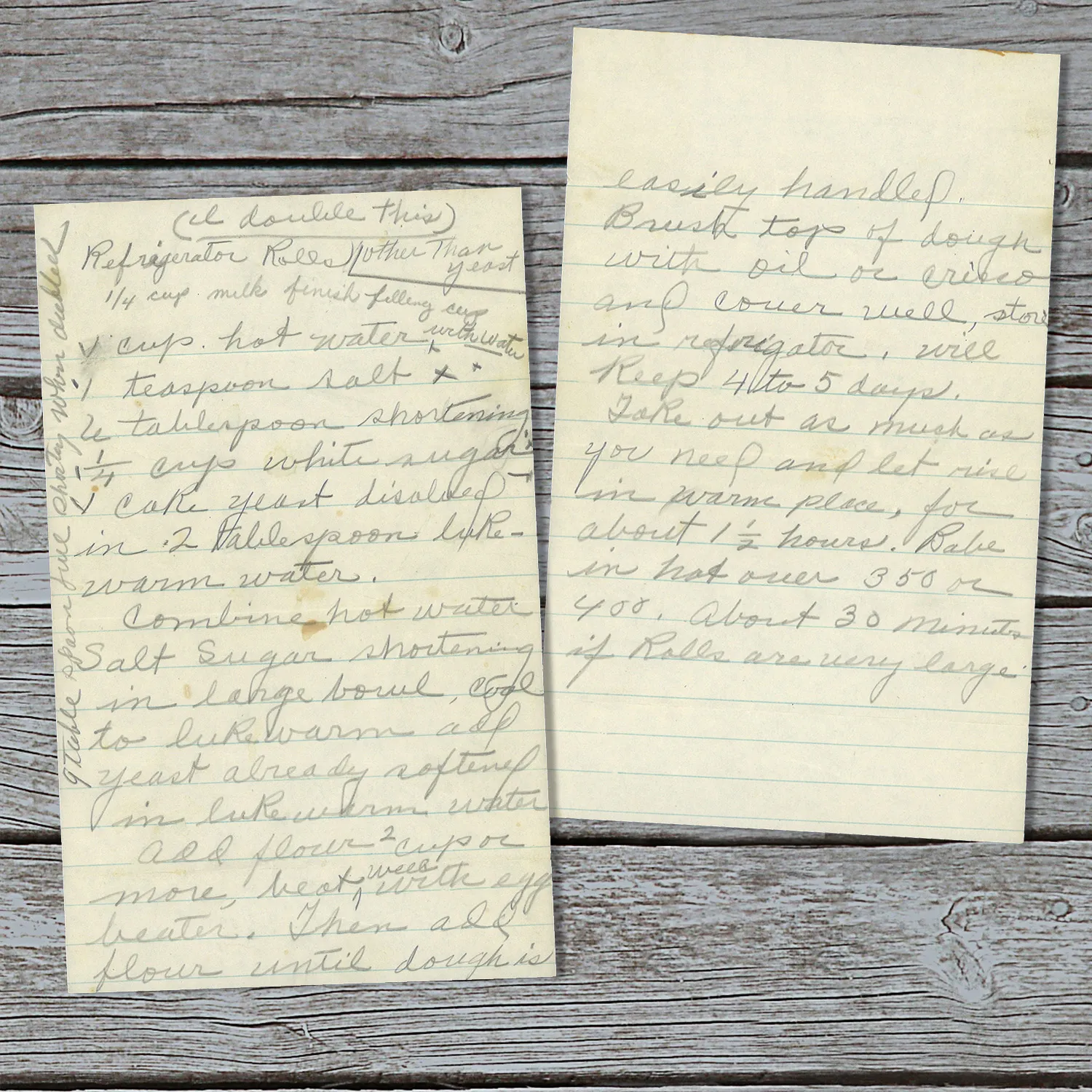 Handwritten recipe for refrigerator rolls