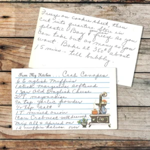 Handwritten recipe card for crab canapes. Appetizer dish with crab.