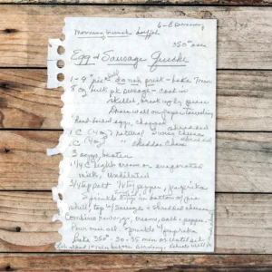 Handwritten recipe of egg and sausage quiche. Breakfast quiche.