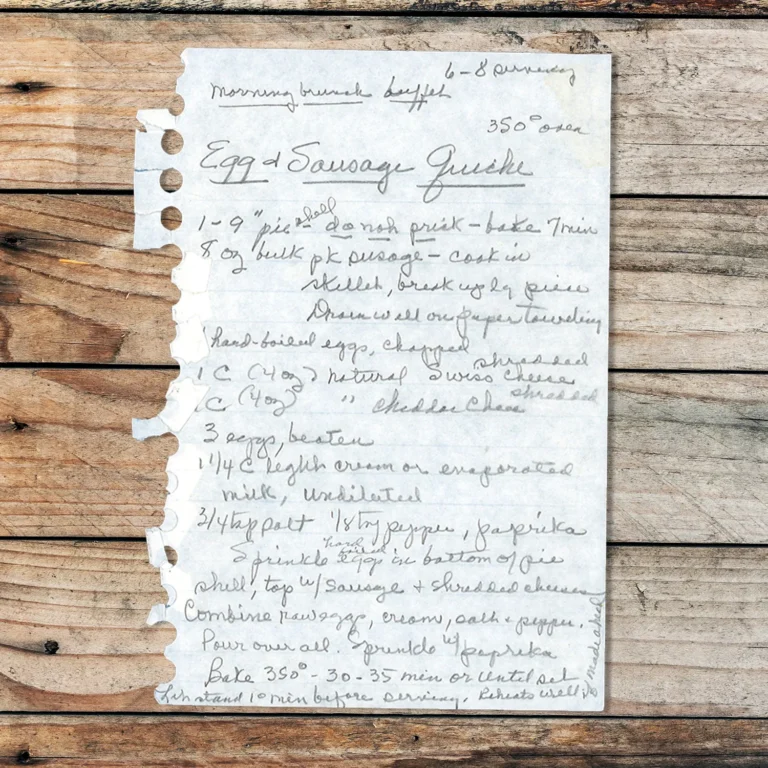 Handwritten recipe of egg and sausage quiche. Breakfast quiche.