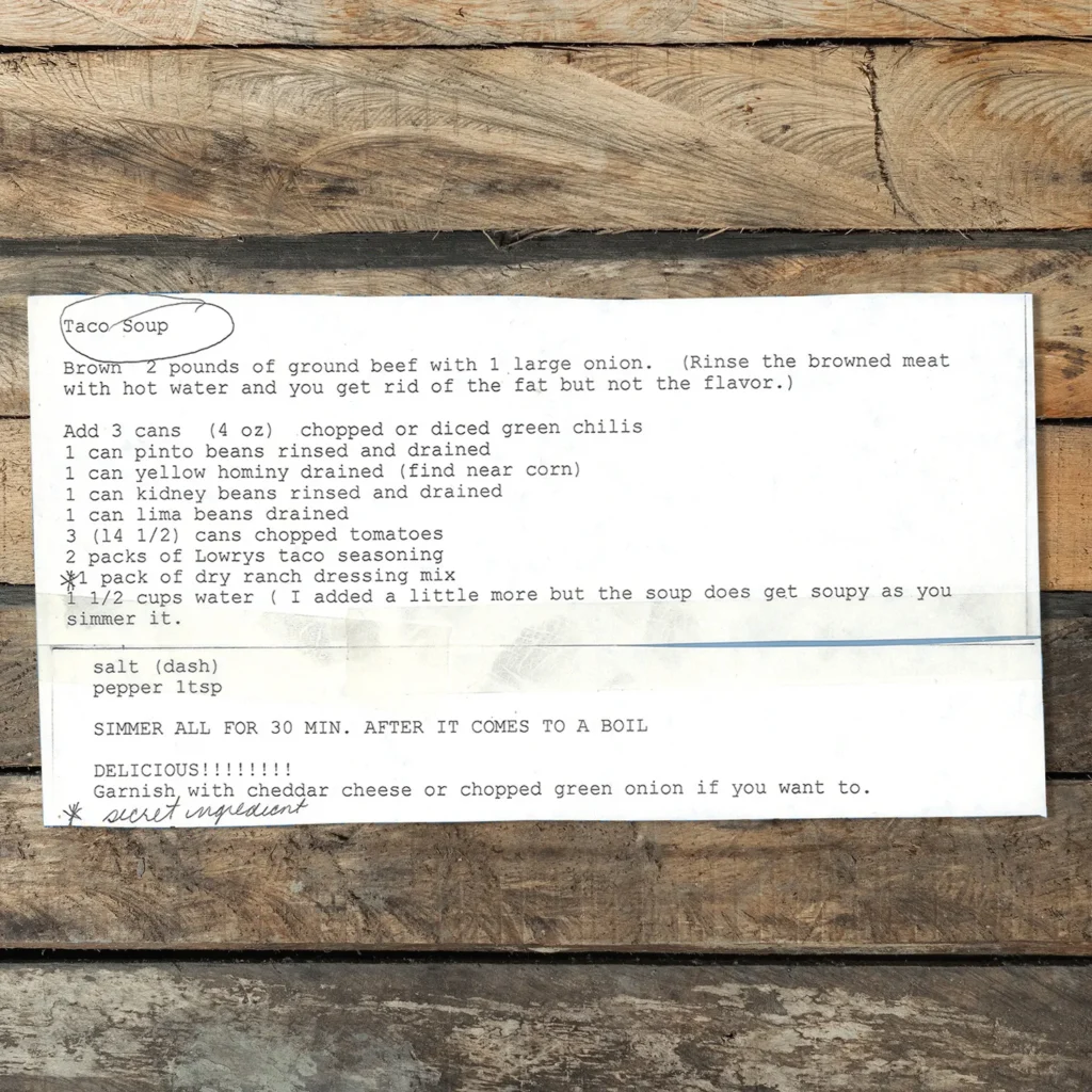 Typed recipe for taco soup. Tex-mex cooking.