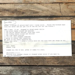 Typed recipe for taco soup. Tex-mex cooking.