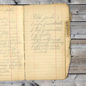 Handwritten recipe in note book for Flap Jacks