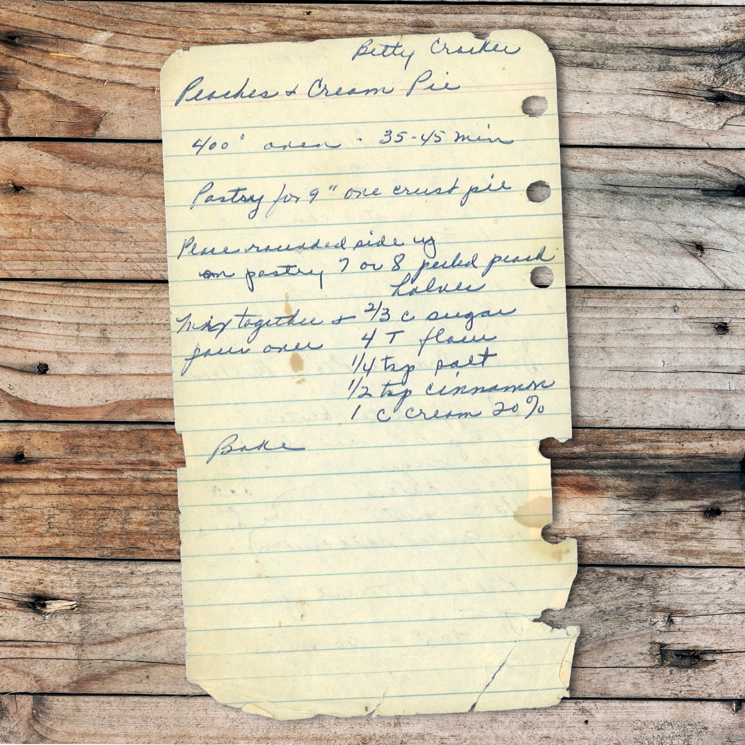 Handwritten recipe for Peaches and Cream Pie