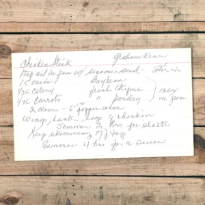 Recipe card with handwritten recipe for chicken steak