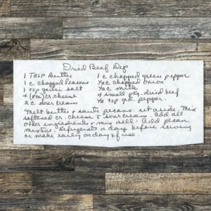 Handwritten recipe for dried beef dip.