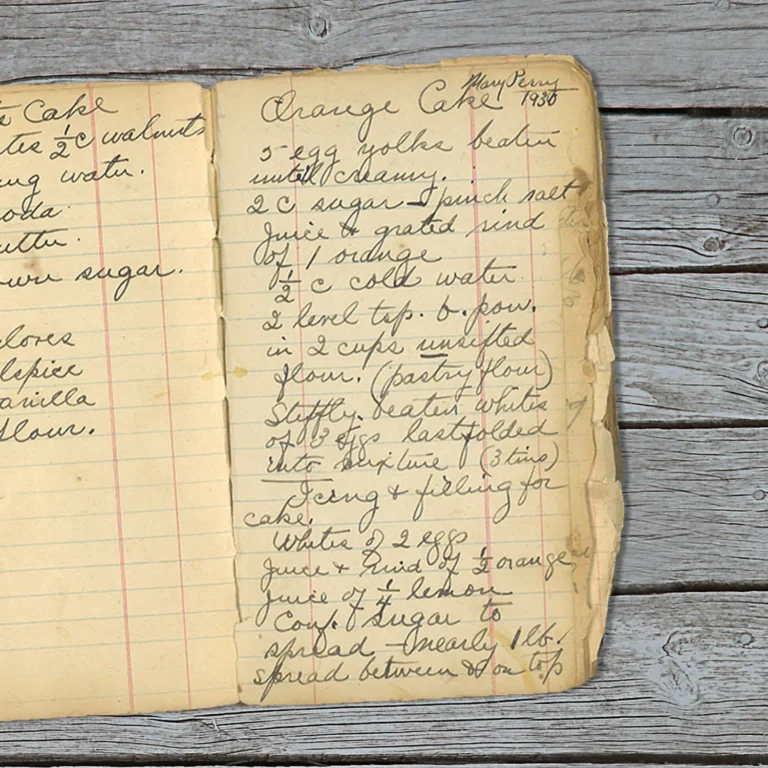 Handwritten recipe for Orange Cake from Mary Perry