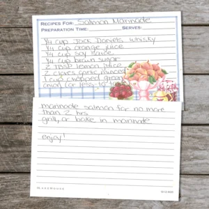 Recipe cards with handwritten recipe for salmon marinade