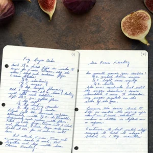 Handwritten recipe for fig layer cake with seafoam frosting