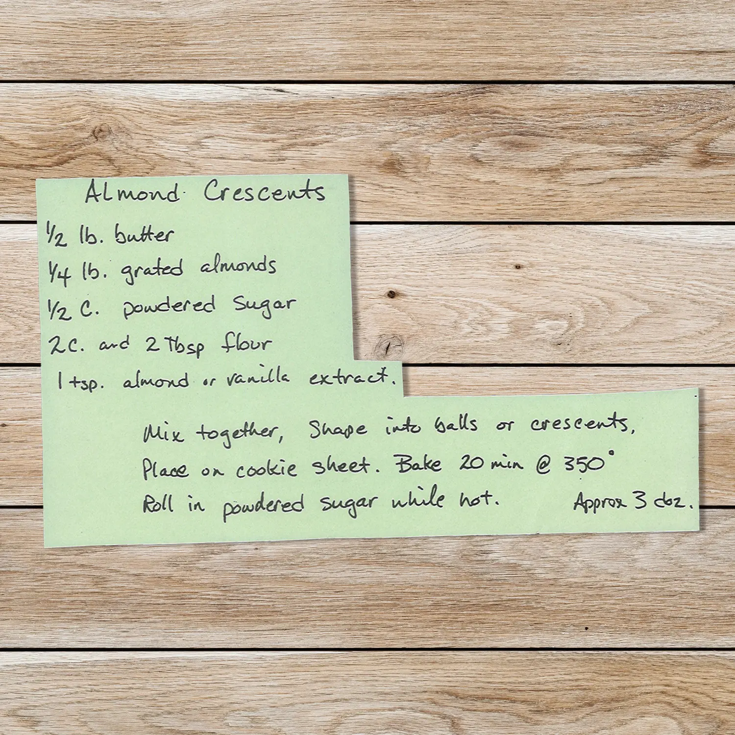 Handwritten recipe for Almond Crescents