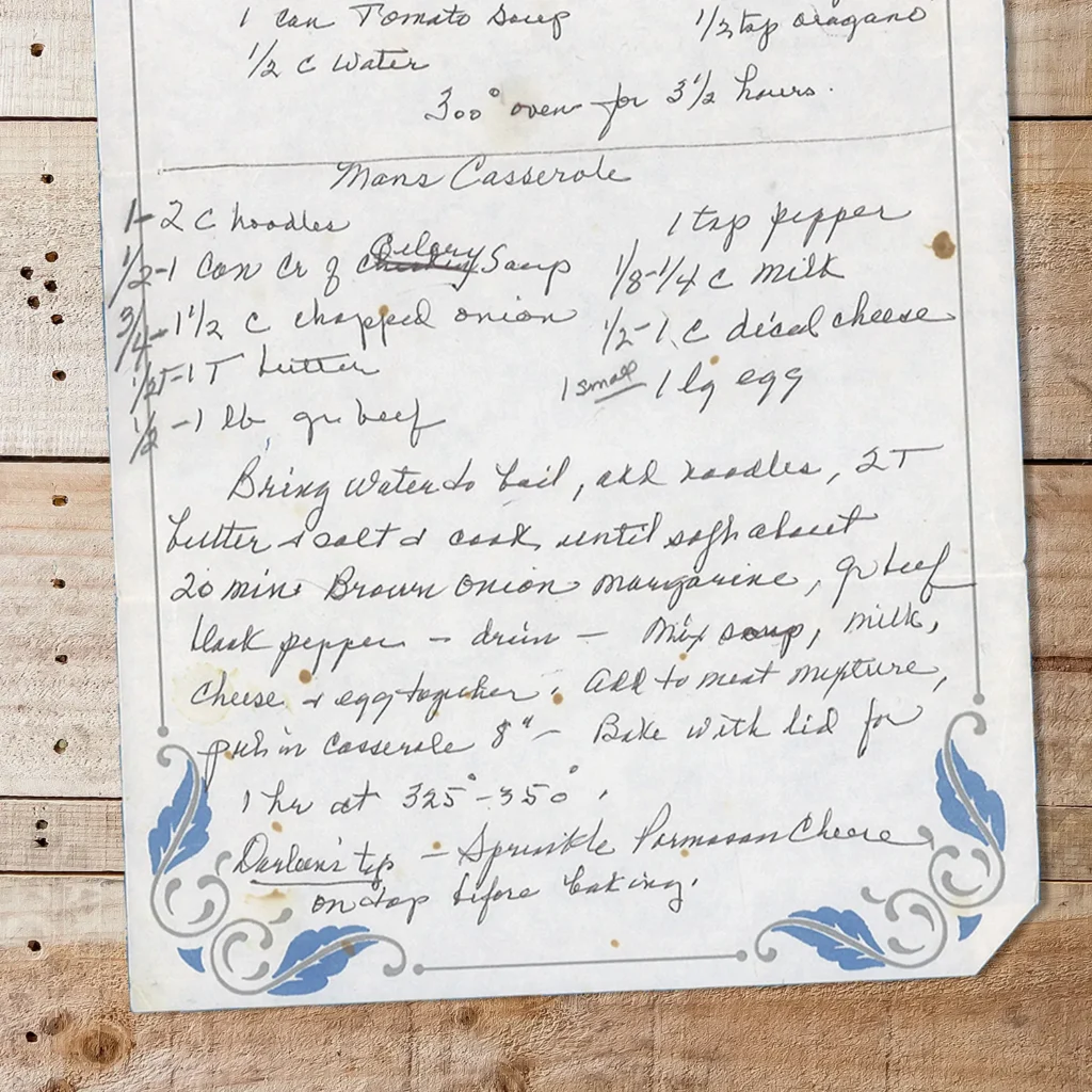 Handwritten recipe for man's casserole