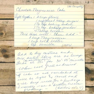 Recipe card with handwritten recipe for chocolate mayonnaise cake