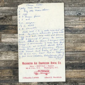 Handwritten recipe for cheesecake from Helen De George