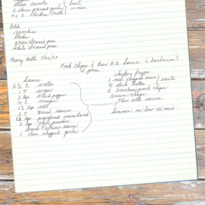 Handwritten recipe for pork chops and barbecue sauce