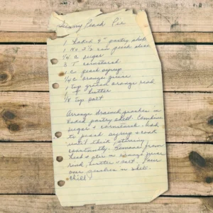 Handwritten recipe for sunny peach pie