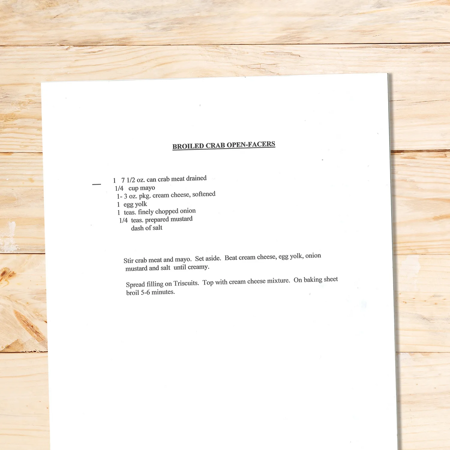 Typed recipe for Broiled Crab Open-Facers