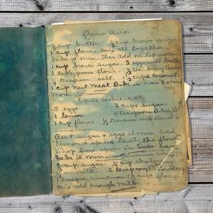 Handwritten recipe for Dream Bars and Spice Cookies