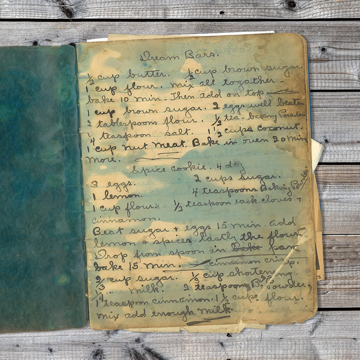 Handwritten recipe for Dream Bars and Spice Cookies