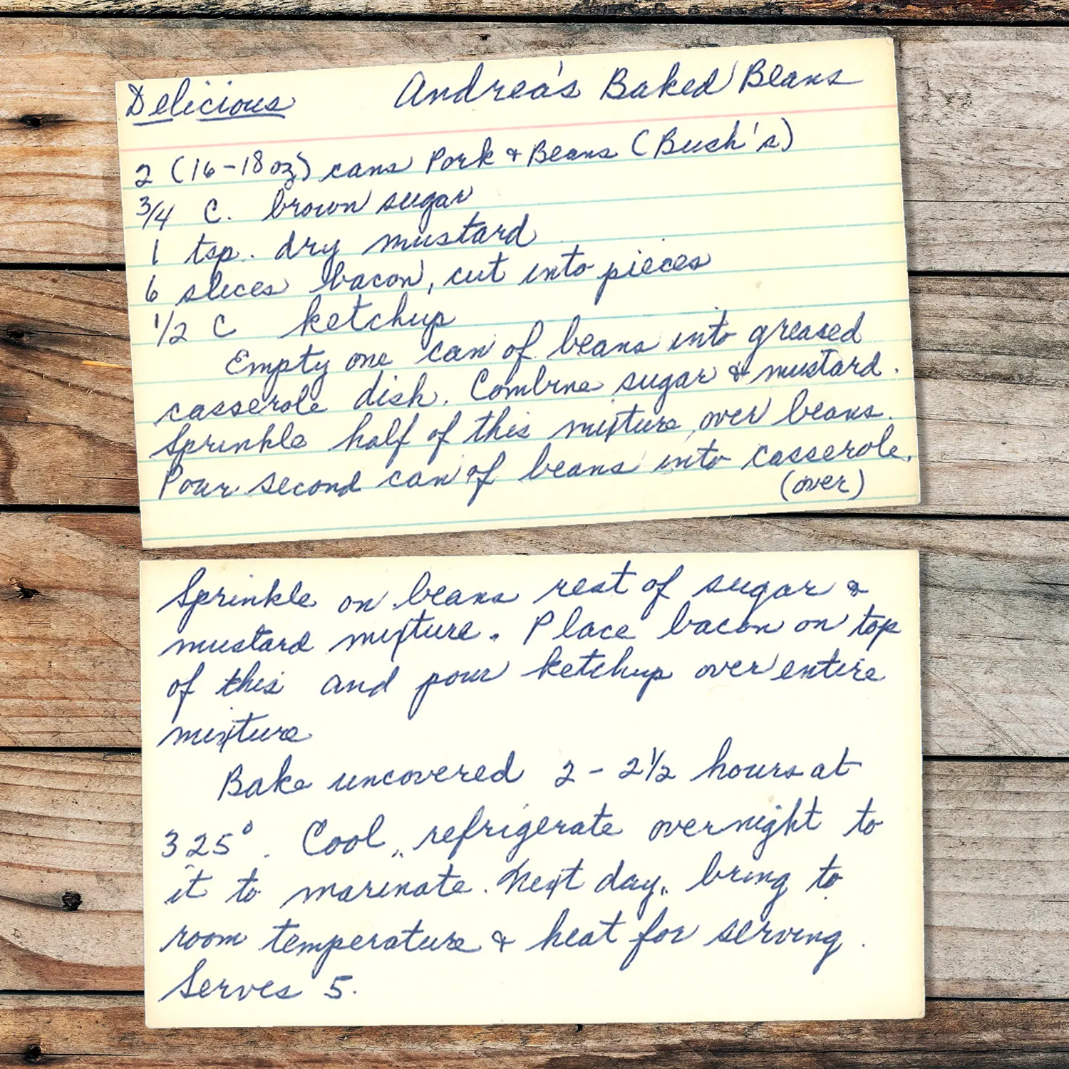Handwritten recipe card for Andrea's Baked BEans