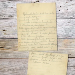 Handwritten recipe for eggless, butterless and Milkless Cake