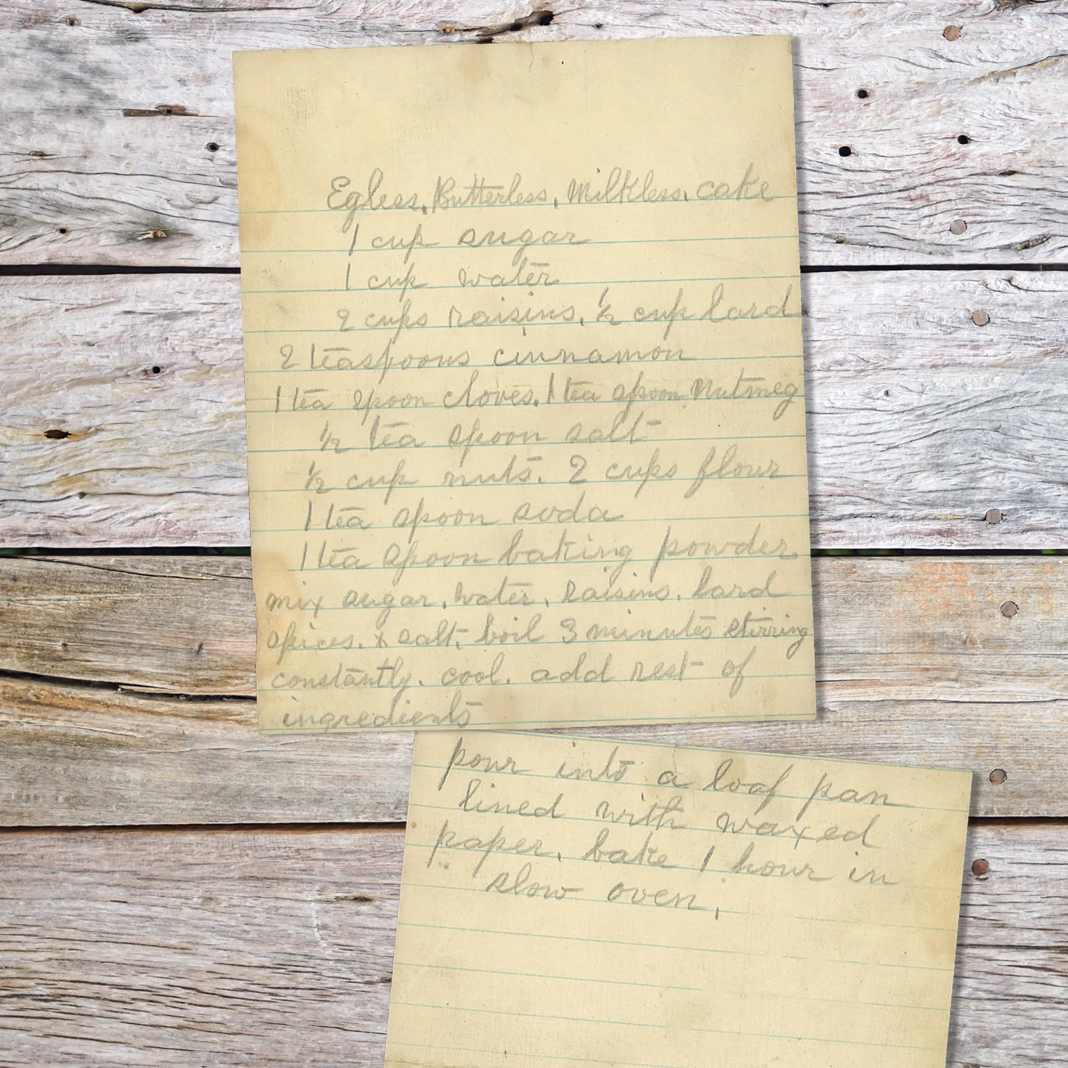 Handwritten recipe for eggless, butterless and Milkless Cake