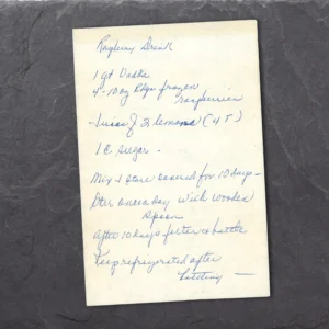Handwritten recipe for a Raspberry, Lemon, Vodka Liqueur