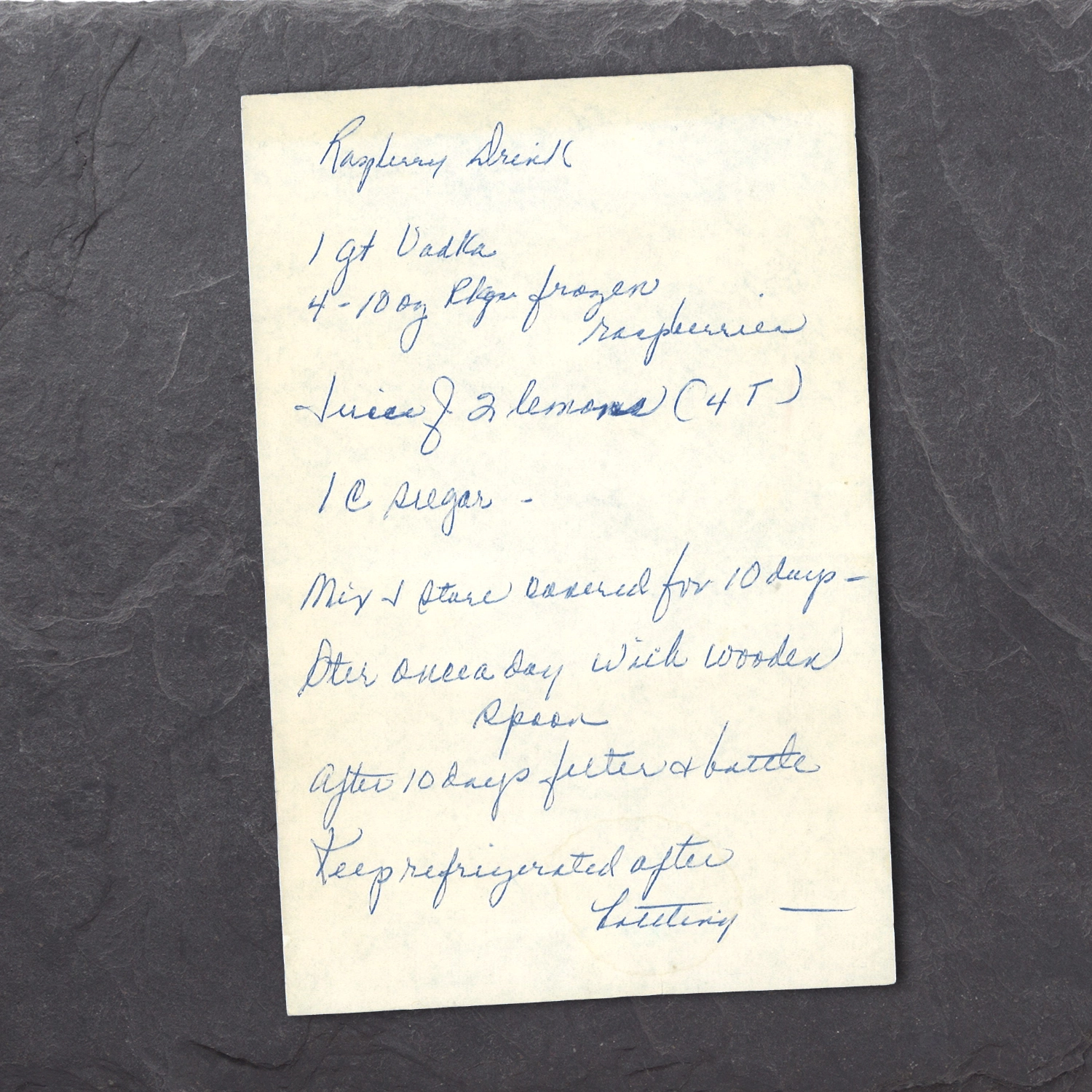 Handwritten recipe for a Raspberry, Lemon, Vodka Liqueur