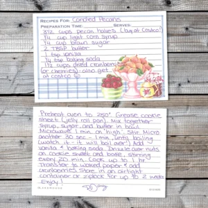 Handwritten recipe card for Candied Pecans from Darcy