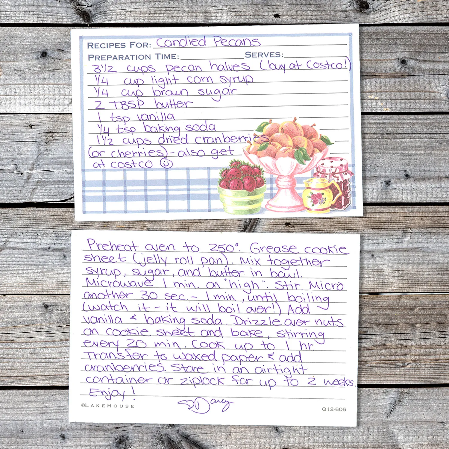 Handwritten recipe card for Candied Pecans from Darcy