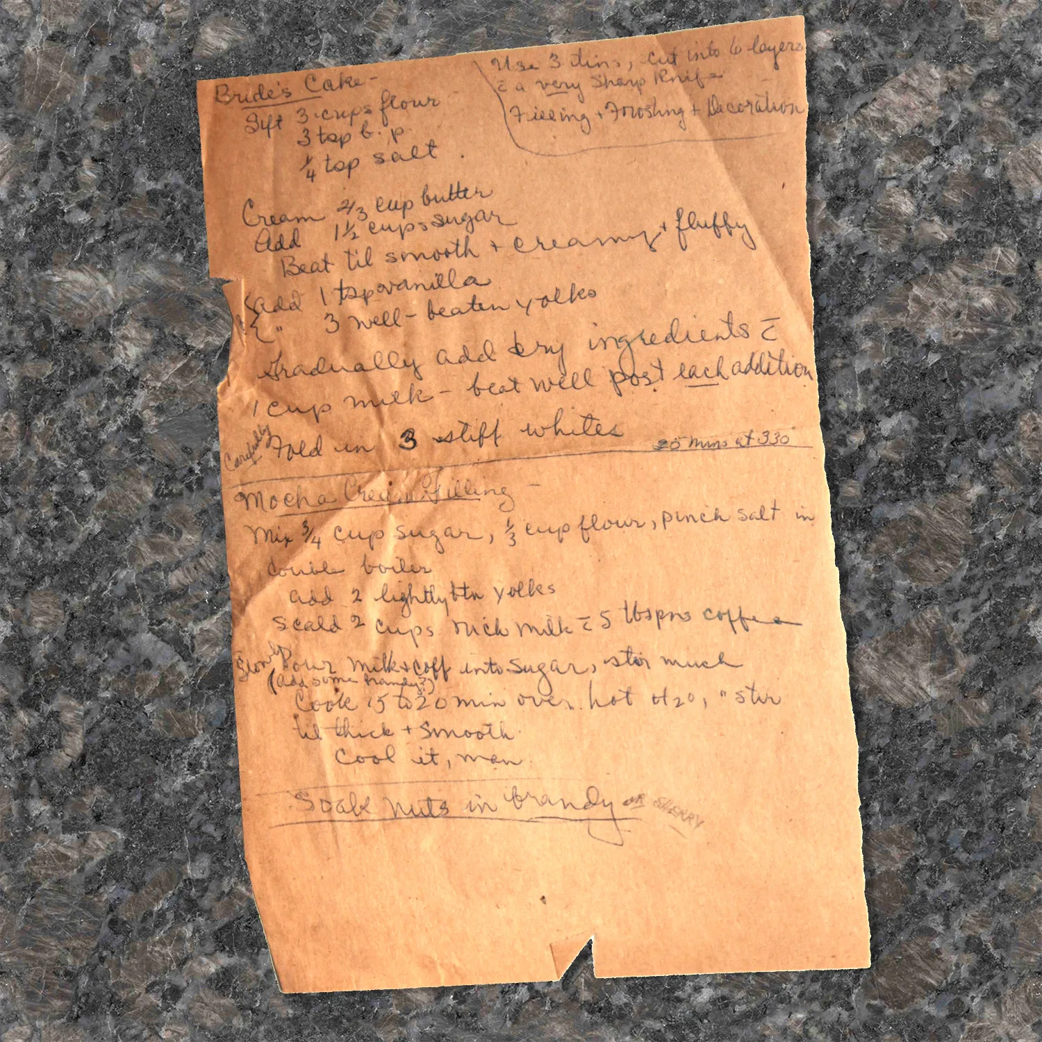 Handwritten recipe for Brides' Cake