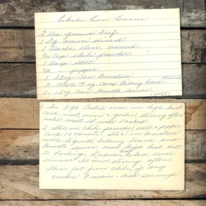 Handwritten recipe card for Chili Con Carne