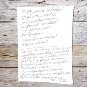 Handwritten recipe for Crispy Onion Chicken