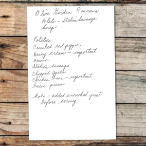 Handwritten recipe for Olive Garden Potato- Italian Sausage Soup