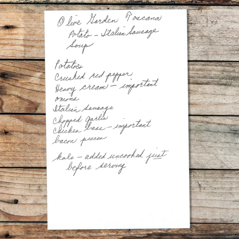 Handwritten recipe for Olive Garden Potato- Italian Sausage Soup